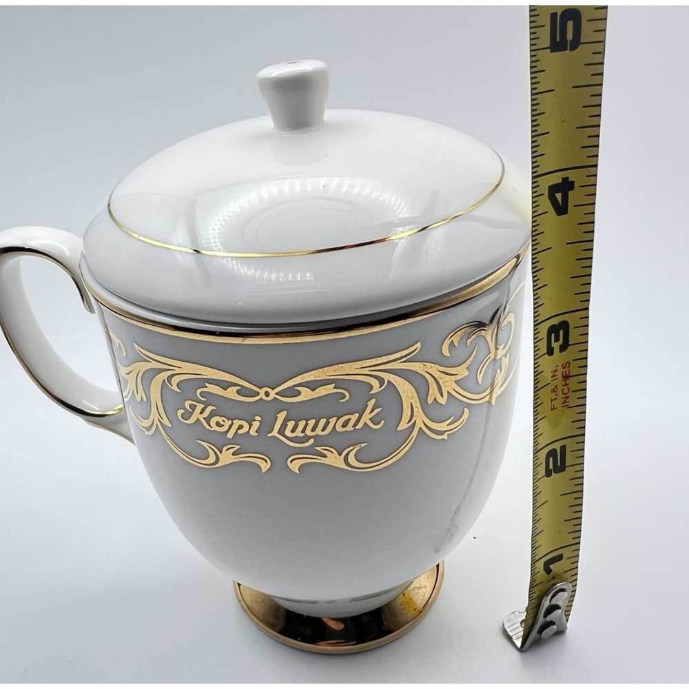 Vintage Hankook Ceramic Kopi Luwak Lidded Coffee Cup Saucer Set Gold Trim Rare - Picture 15 of 16